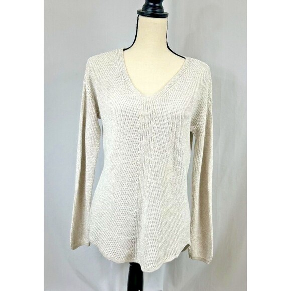 a.n.a. NEW APPROACH V-Neck Tunic Sweater-Cream/Ivory w Gold Metallic Thread Sz M - Picture 2 of 11